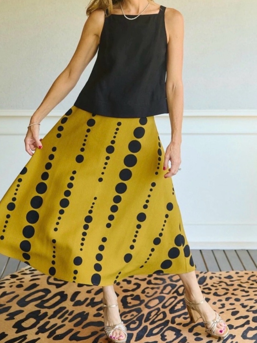 Buru Chic Mustard-Yellow A-Line Skirt with Black Dots